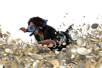 businesswoman with a mask swims in a ocean of coins