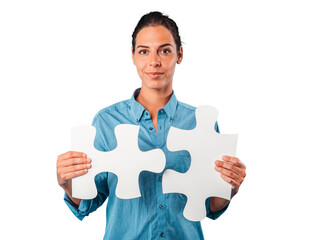 woman joins piece of puzzle as concept teamwork, partnership, integration