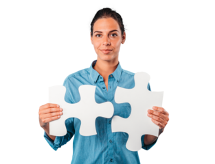 woman joins piece of puzzle as concept teamwork, partnership, integration