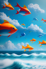 Surreal image of fish flying in the blue sky with clouds. (AI-generated fictional illustration)
