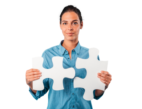 woman joins piece of puzzle as concept teamwork, partnership, integration - Powered by Adobe