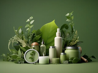 cosmetici organici bio eco friendly decorati con foglie , prodotti skincare e candele, sfondo neutro verde con foglie, 