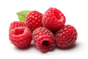 Illustration of fresh raspberries with green leaves on a plain white background created with Generative AI technology
