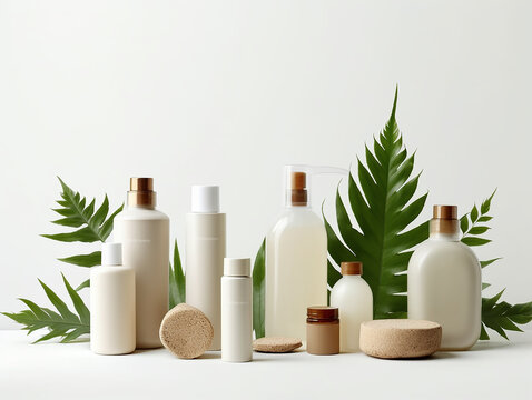cosmetici organici bio eco friendly decorati con foglie , prodotti skincare e candele, sfondo neutro, 