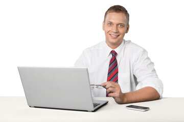 Portrait of young man using laptop isolated on white background