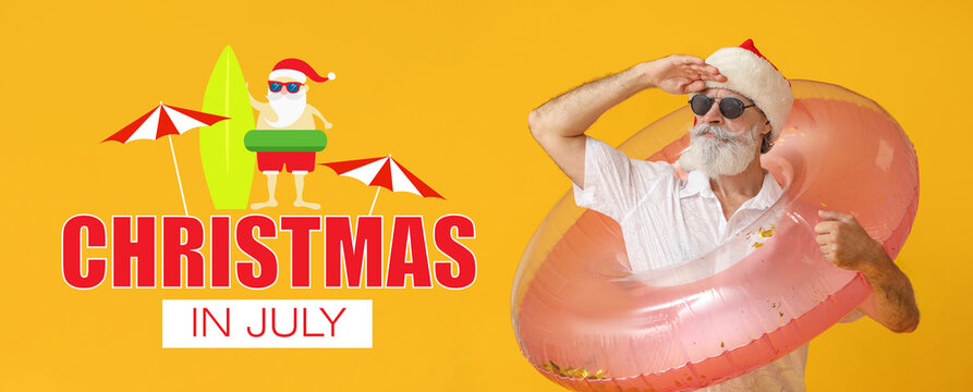 Banner with text CHRISTMAS IN JULY and Santa Claus with inflatable ring - Powered by Adobe