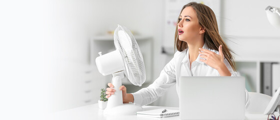 Young woman using electric fan in office. Banner  for design