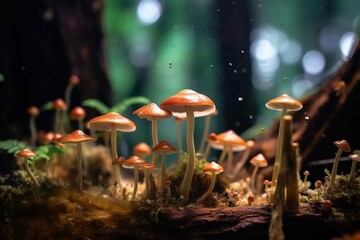 A close-up view of the mushroom colony in the rainforest. Created with Generative Ai technology.