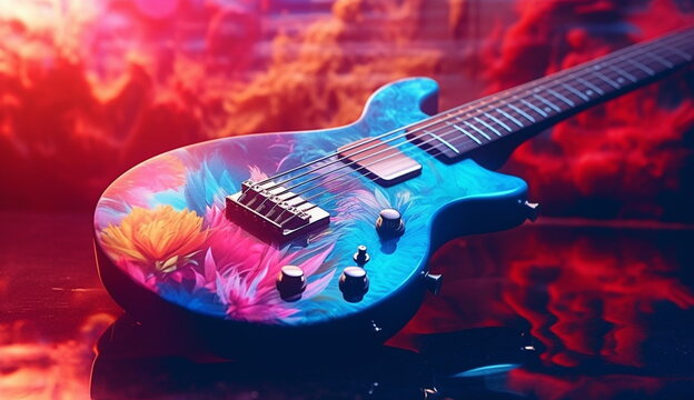 An eye-catching and expressive electric guitar featuring a colorful and artistic pattern that demands attention.