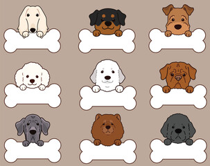 Set of cute and simple dog heads illustrations with front paws holding a bone