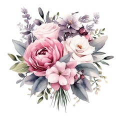Cute watercolor wedding bouquet isolated. Illustration AI Generative.