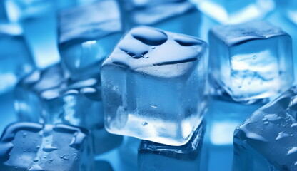 Obraz premium A refreshing composition featuring a collection of cube-shaped ice cubes arranged on a vibrant blue background, creating a cool and invigorating visual representation. Based on Generative Ai.
