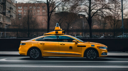 Obraz na płótnie Canvas Self-driving yellow taxi. Software sensor on the roof of the car scans the road with radar waves. Generative Ai technology.