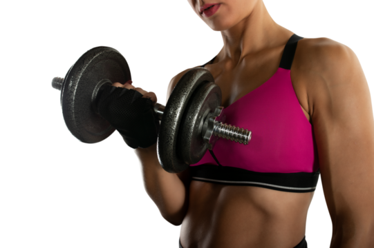 Isolated  woman trains in the gym with weights