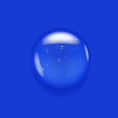 Gel serum drop. Transparent cosmetic oil texture on blue background. Liquid skincare realistic glycerin fluid.