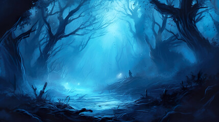 Mystic enchanted wood, blue mist in fairytale dark forest at night