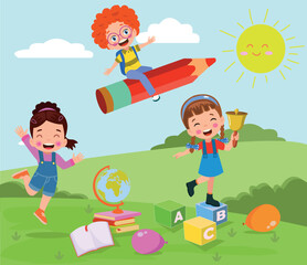 Vector Illustration Of Cute Kids Playing With Colorful Educational Items