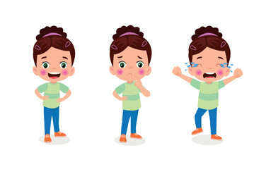 cute little girl crying and crying set. vector illustration in cartoon style