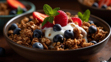 A bowl of creamy Greek yogurt topped with crunchy granola and fresh berries