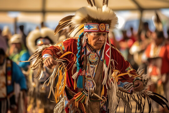 Native American powwow gathering filled with vibrant dances and music, exuding an engaging atmosphere Generative AI