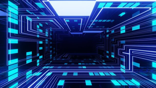 futuristic blue hologram. 4k seamless looped animation. Fly through mirror tunnel with neon pattern, glow lines form sci fi pattern. Bright reflection neon light. Simple bright bg, sci fi structure