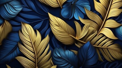 Blue and golden luxury background with tropical leaves. Illustration AI Generative.