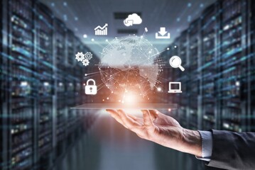 Digital transformation concept, person hold info graphic