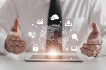 Digital transformation concept, person hold info graphic