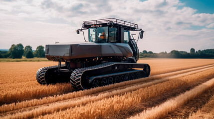 Self-driving combine harvester. Software sensor scans the field for obstacles and animals. Lane keeping technology. Generative Ai technology.