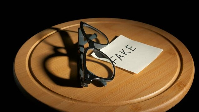 Fake. Glasses with a note fek. Fake journalism concept.