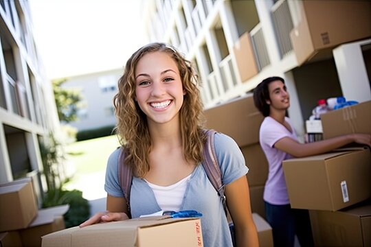 Smiling College Girl Moving Into Dorm carrying a Box