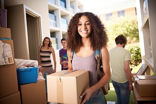 Smiling College Girl Moving Into Dorm carrying a Box