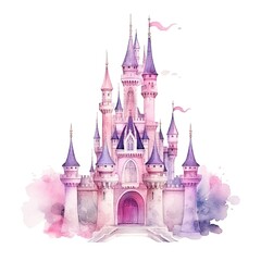 Cute watercolor princess castle. Illustration AI Generative.