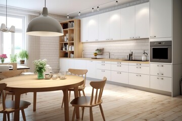 Modern kitchen in Scandinavian style. Illustration AI Generative.
