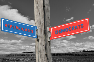 republicans vs democrats showing up on road signs, with clouds in black and white in the background