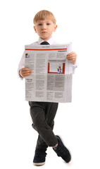 Funny little businessman reading newspaper on white background