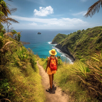 two women hiking with sun hats on a tropical island., AI generated