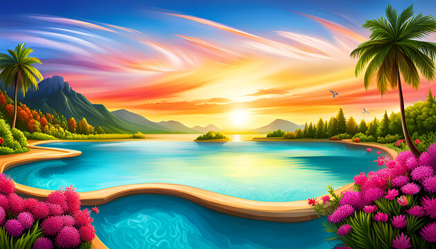 Fantasy colorful landscape with lake, flowers and palm tree - AI generated