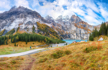 Fabulous autumn view of Oeschinensee Lake.