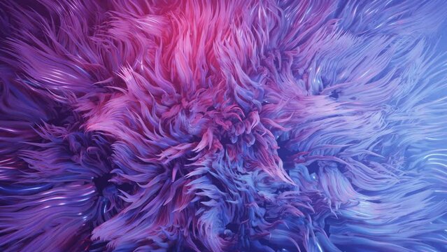 Hair simulation. Live curls underwater like fur or multi-colored threads, hair. Volumetric lights. Mist and DOF bokeh effects. Mysterious background with live curved lines, close-up. 4k looped bg.