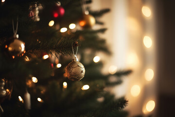 Christmas tree with lights and ornaments, close-up.