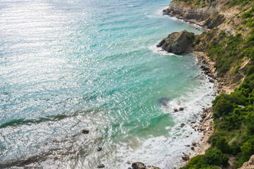 Aerial view of ocean waves and fantastic Rocky coast . High quality photo