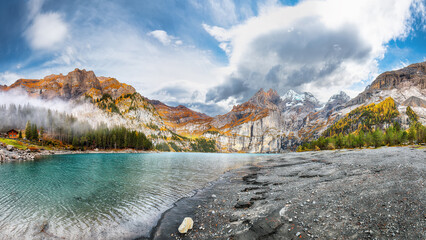 Spectacular autumn view of Oeschinensee Lake.