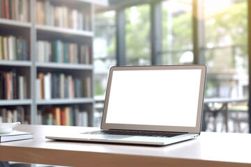 Modern computer, laptop with blank screen on blur library, working space background