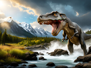 Tyrannosaurus rex t-rex dinosaur roaring in a prehistoric river - AI generated