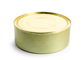 Tin can with fish isolated on white background
