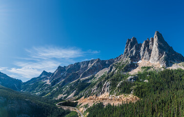 Liberty Bell Mountain Panorama from the Eastside of Washington Pass in August in Washington State, USA