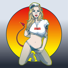 Attractive sexy girl in t-shirt and trousers 
 and with small horns and a tail, standing on her knees