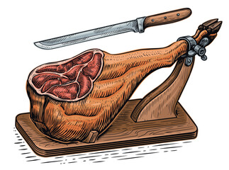 Ham leg on wooden stand. Dry meat, farm food. Vector illustration