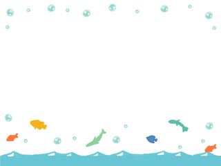 海と魚の手書き水彩風フレーム 　イラスト